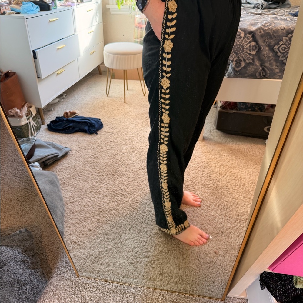 Black Pants with Beige Floral Embroidery